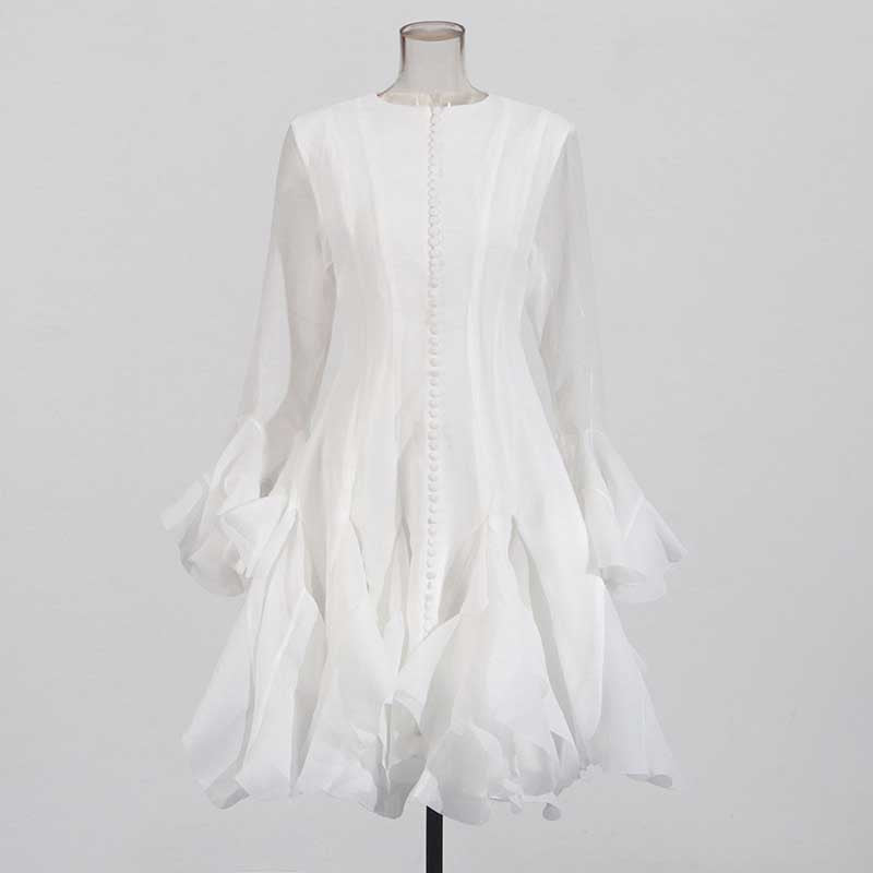 Pleated Mockneck Ruffles Midi Dress Lotus Sleeves