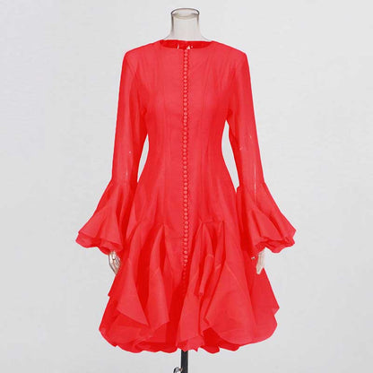 Pleated Mockneck Ruffles Midi Dress Lotus Sleeves