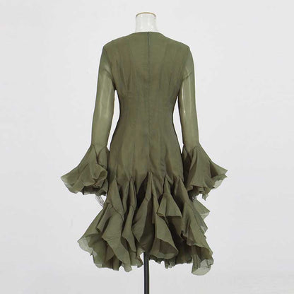 Pleated Mockneck Ruffles Midi Dress Lotus Sleeves
