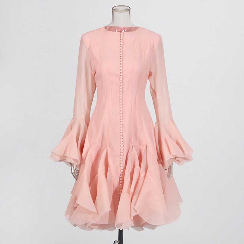 Pleated Mockneck Ruffles Midi Dress Lotus Sleeves