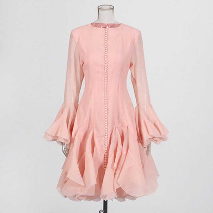 Pleated Mockneck Ruffles Midi Dress Lotus Sleeves