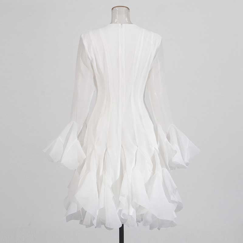 Pleated Mockneck Ruffles Midi Dress Lotus Sleeves