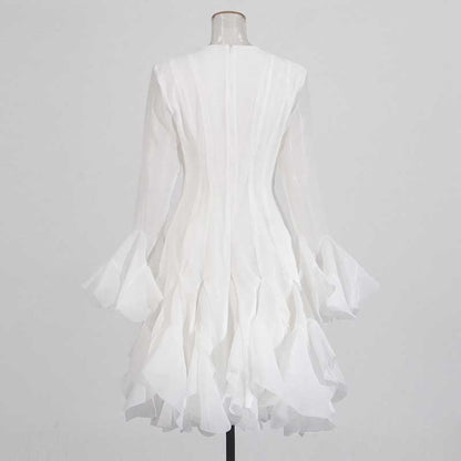 Pleated Mockneck Ruffles Midi Dress Lotus Sleeves