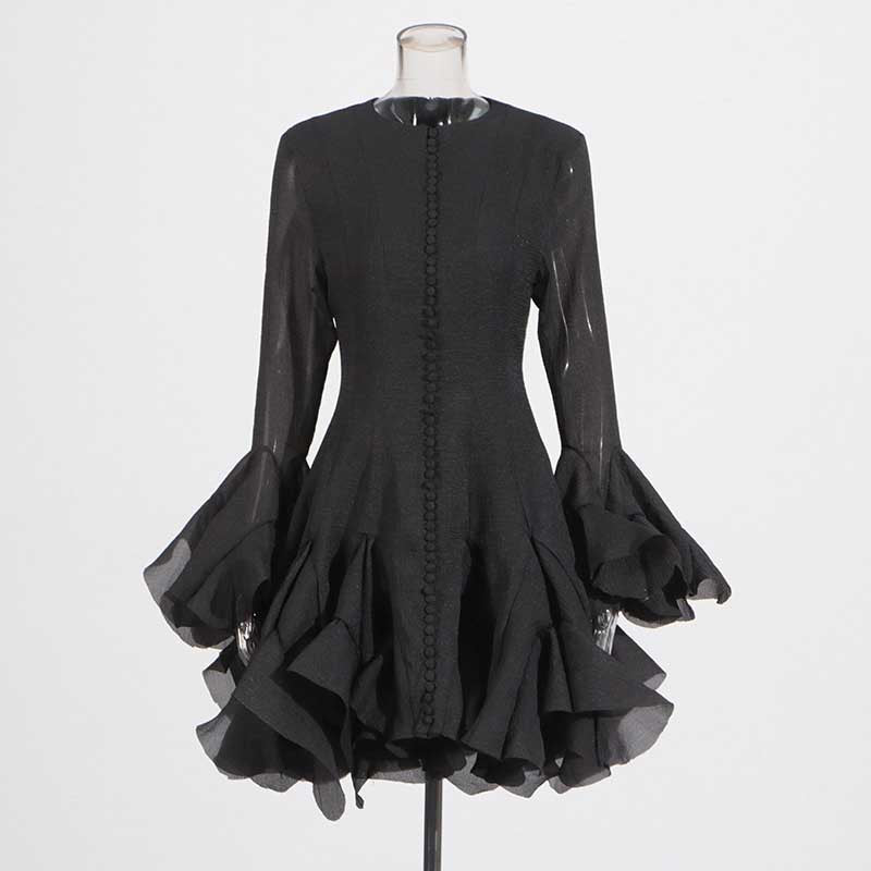 Pleated Mockneck Ruffles Midi Dress Lotus Sleeves