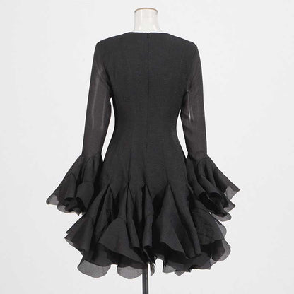 Pleated Mockneck Ruffles Midi Dress Lotus Sleeves