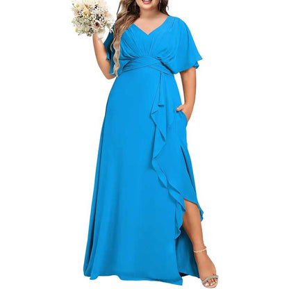 Plus Size Bridesmaid Dresses Slit Chiffon V Neck Formal Prom Dresses