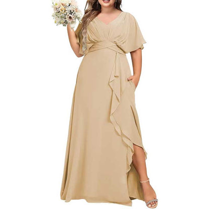 Plus Size Bridesmaid Dresses Slit Chiffon V Neck Formal Prom Dresses
