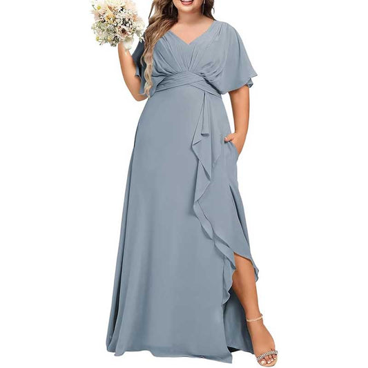 Plus Size Bridesmaid Dresses Slit Chiffon V Neck Formal Prom Dresses
