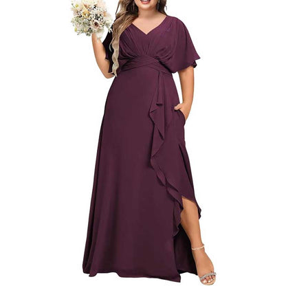 Plus Size Bridesmaid Dresses Slit Chiffon V Neck Formal Prom Dresses