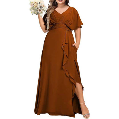Plus Size Bridesmaid Dresses Slit Chiffon V Neck Formal Prom Dresses