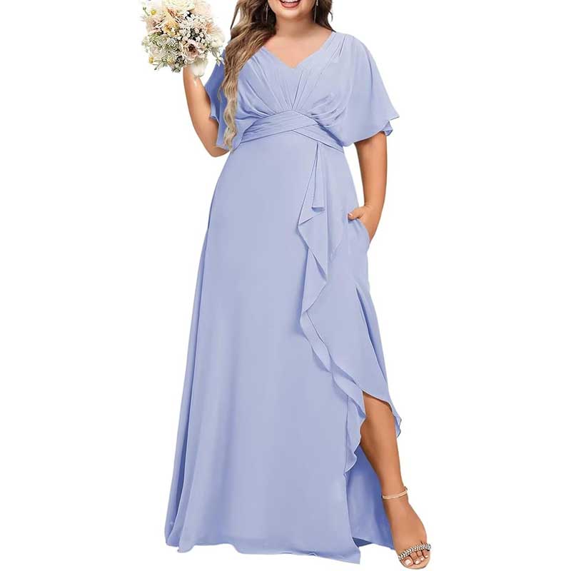 Plus Size Bridesmaid Dresses Slit Chiffon V Neck Formal Prom Dresses