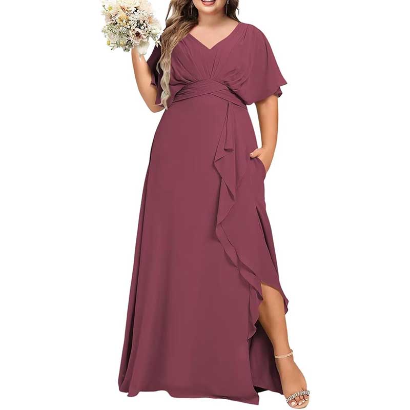 Plus Size Bridesmaid Dresses Slit Chiffon V Neck Formal Prom Dresses