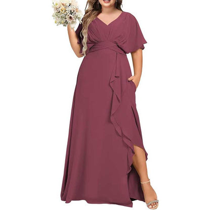 Plus Size Bridesmaid Dresses Slit Chiffon V Neck Formal Prom Dresses