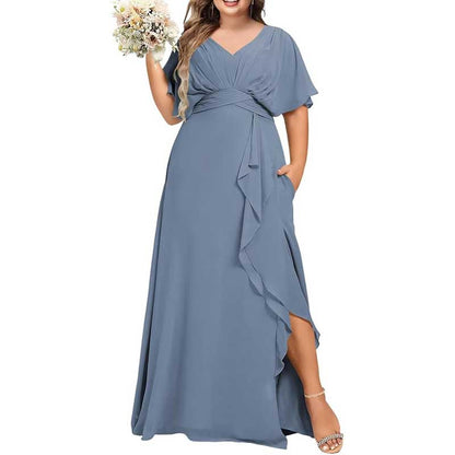 Plus Size Bridesmaid Dresses Slit Chiffon V Neck Formal Prom Dresses