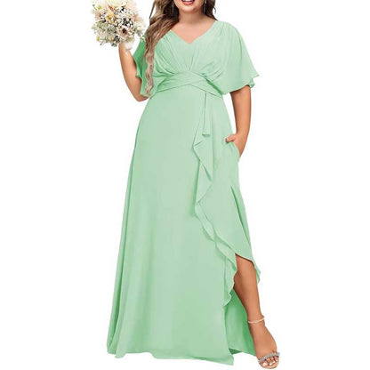 Plus Size Bridesmaid Dresses Slit Chiffon V Neck Formal Prom Dresses