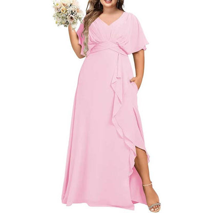 Plus Size Bridesmaid Dresses Slit Chiffon V Neck Formal Prom Dresses