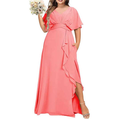 Plus Size Bridesmaid Dresses Slit Chiffon V Neck Formal Prom Dresses