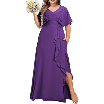 Plus Size Bridesmaid Dresses Slit Chiffon V Neck Formal Prom Dresses