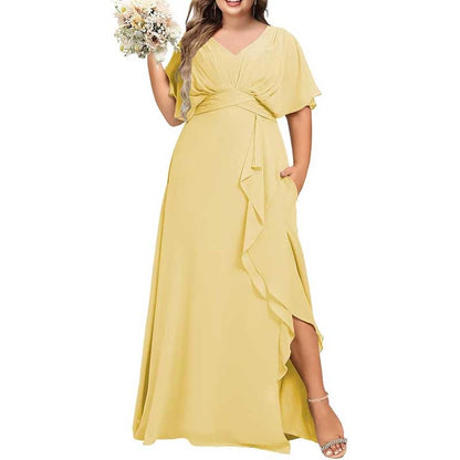 Plus Size Bridesmaid Dresses Slit Chiffon V Neck Formal Prom Dresses
