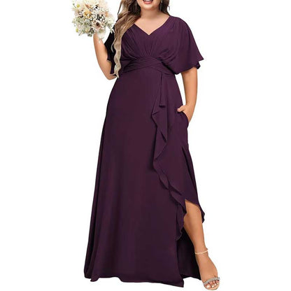 Plus Size Bridesmaid Dresses Slit Chiffon V Neck Formal Prom Dresses