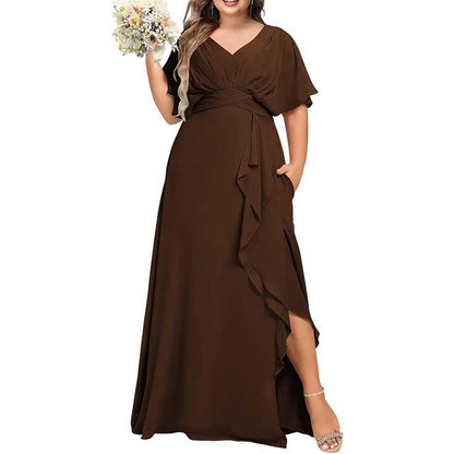Plus Size Bridesmaid Dresses Slit Chiffon V Neck Formal Prom Dresses