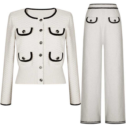 Tailored Button-Up Cardigan Jacket Wide-Leg Pantsuits
