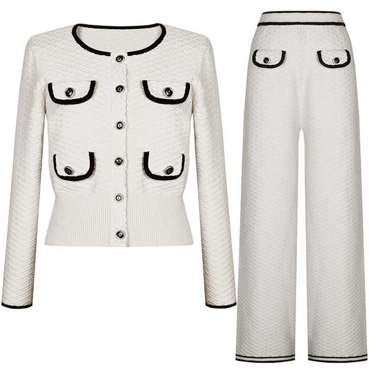 Tailored Button-Up Cardigan Jacket Wide-Leg Pantsuits