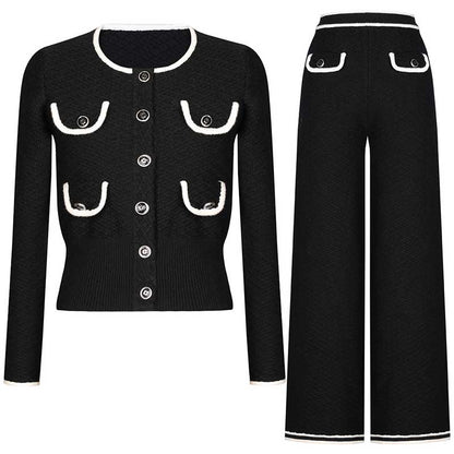 Tailored Button-Up Cardigan Jacket Wide-Leg Pantsuits