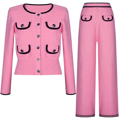 Tailored Button-Up Cardigan Jacket Wide-Leg Pantsuits