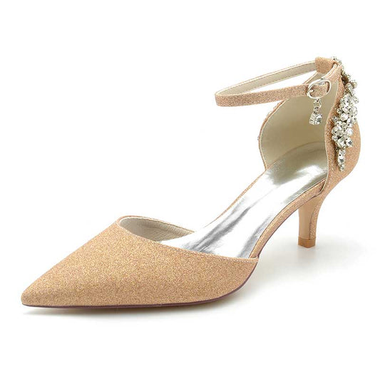 2.36" Pointed Toe Glitter Pumps Ankle Strap Wedding Shoes with Rhinestones