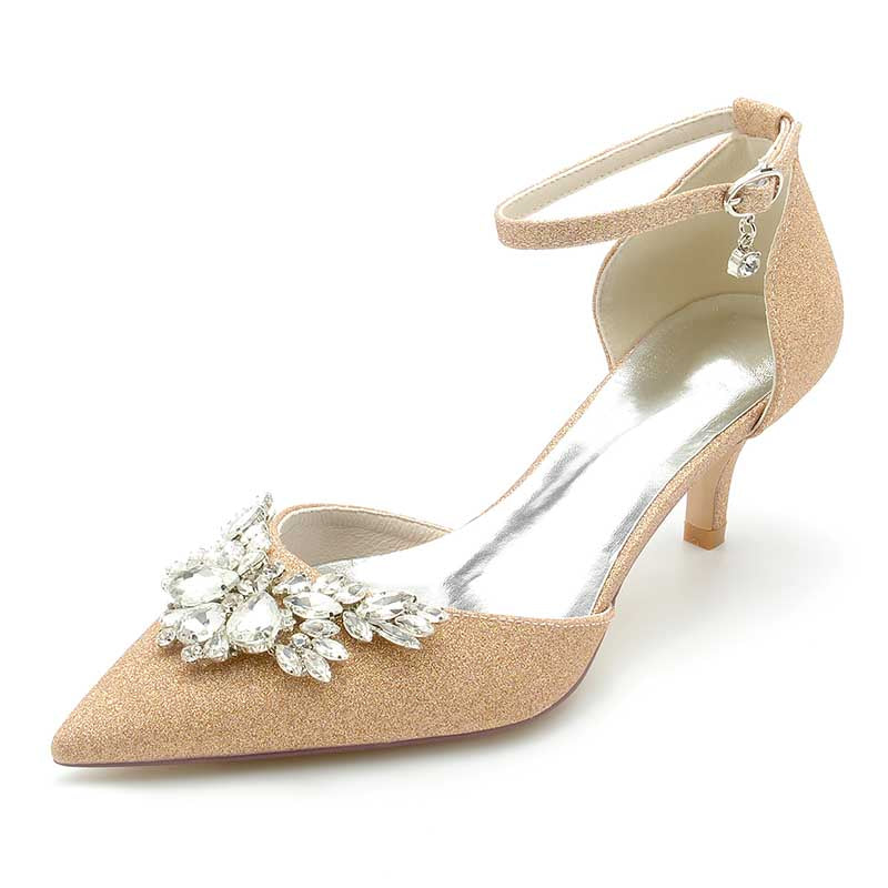 2.36" Pointed Toe Pumps Ankle Stripe Bridal Shoes with Rhinestones