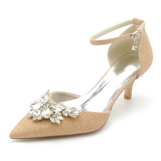 2.36" Pointed Toe Pumps Ankle Stripe Bridal Shoes with Rhinestones