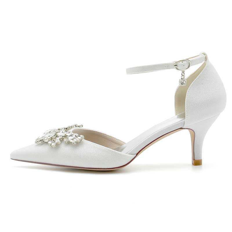 2.36" Pointed Toe Pumps Ankle Stripe Bridal Shoes with Rhinestones