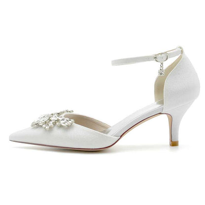 2.36" Pointed Toe Pumps Ankle Stripe Bridal Shoes with Rhinestones