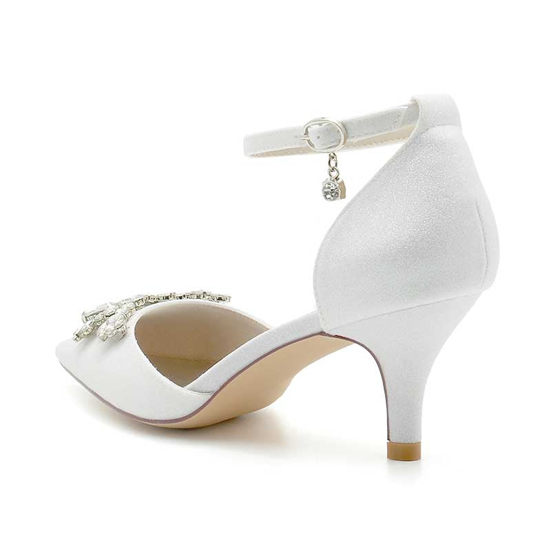 2.36" Pointed Toe Pumps Ankle Stripe Bridal Shoes with Rhinestones
