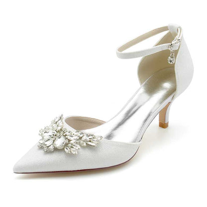 2.36" Pointed Toe Pumps Ankle Stripe Bridal Shoes with Rhinestones