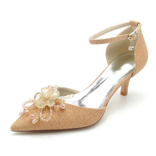 2.36" Pointed Toe Pumps Glitter Ankle Stripe Bridal Shoes with Pearls
