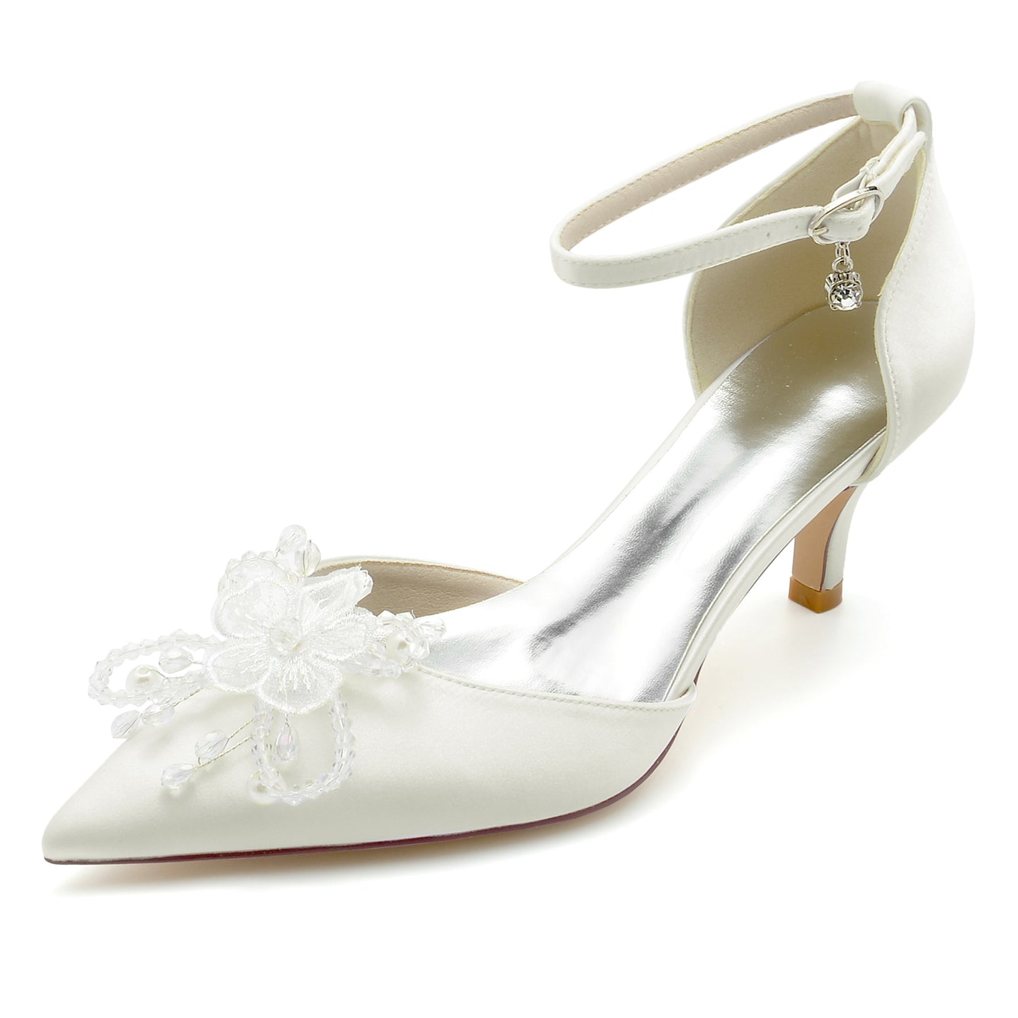 2.36" Pointed Toe Pumps Glitter Ankle Stripe Bridal Shoes with Pearls