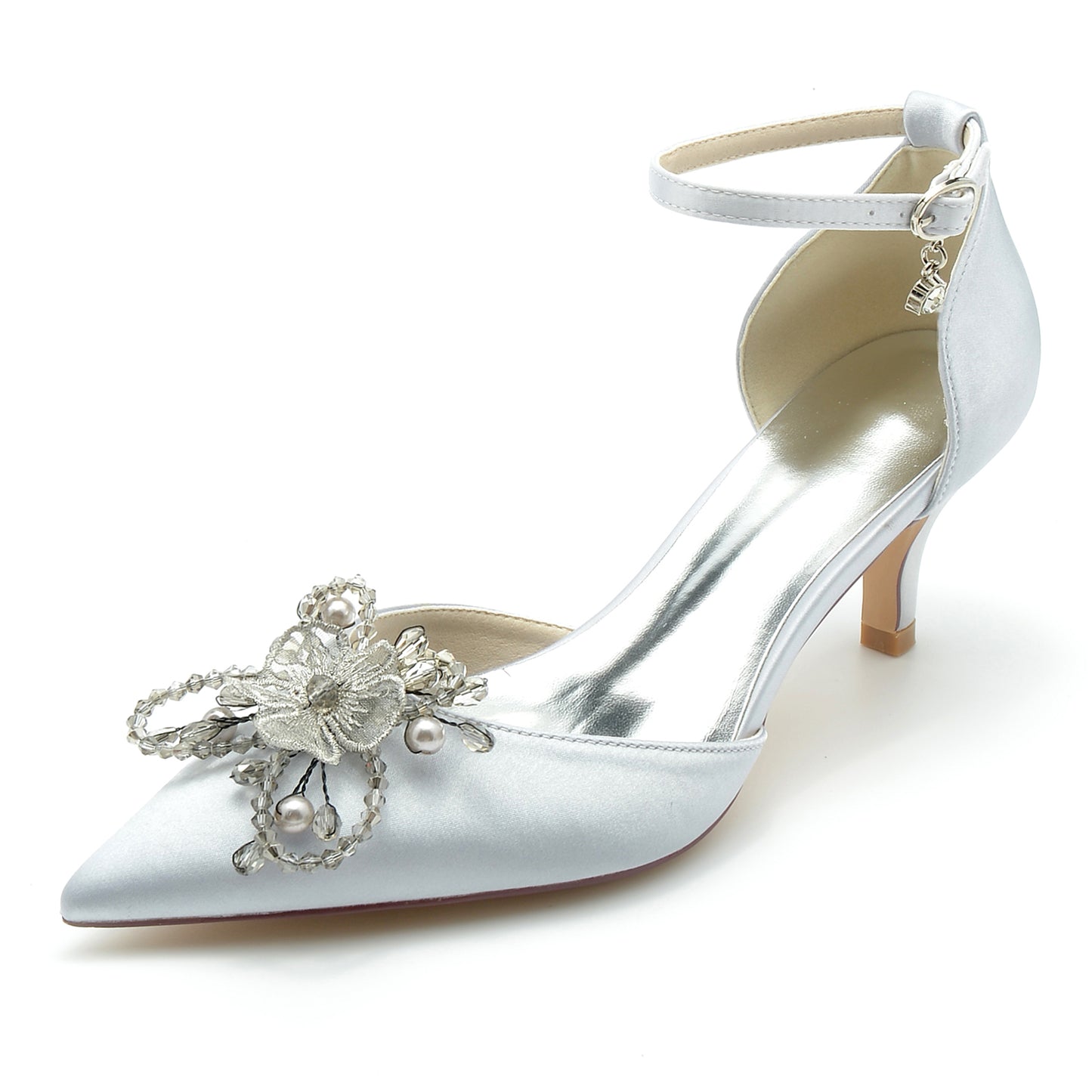 2.36" Pointed Toe Pumps Glitter Ankle Stripe Bridal Shoes with Pearls