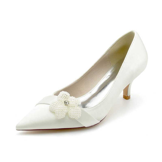2.36" Pointed Toe Pumps Satin Wedding Shoes with Pearls