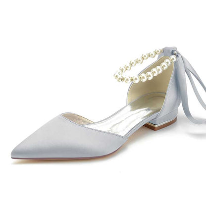 0.98" Pointed Toe Satin Formal Shoes Pearls Lace-Up Flat Wedding Shoes