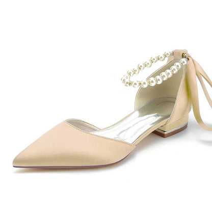 0.98" Pointed Toe Satin Formal Shoes Pearls Lace-Up Flat Wedding Shoes