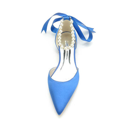 0.98" Pointed Toe Satin Formal Shoes Pearls Lace-Up Flat Wedding Shoes