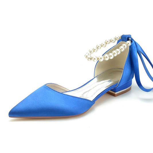 0.98" Pointed Toe Satin Formal Shoes Pearls Lace-Up Flat Wedding Shoes
