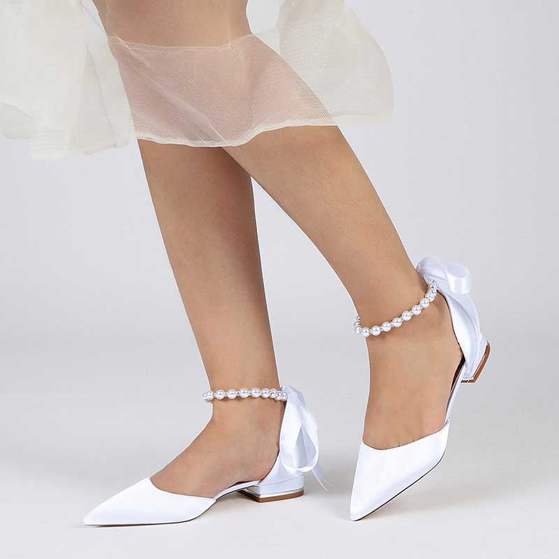 0.98" Pointed Toe Satin Formal Shoes Pearls Lace-Up Flat Wedding Shoes