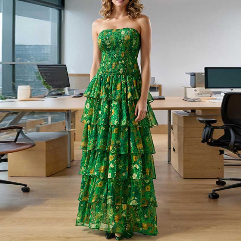 Strapless Layered Tiered Floral Print Dress