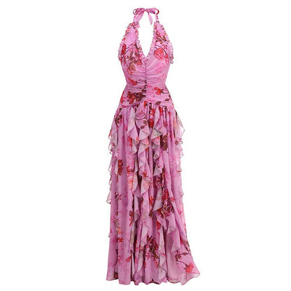 Ruffle Halter Stretch Tulle Floral Maxi Dress