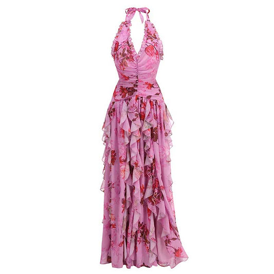 Ruffle Halter Stretch Tulle Floral Maxi Dress