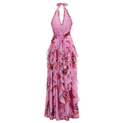 Ruffle Halter Stretch Tulle Floral Maxi Dress