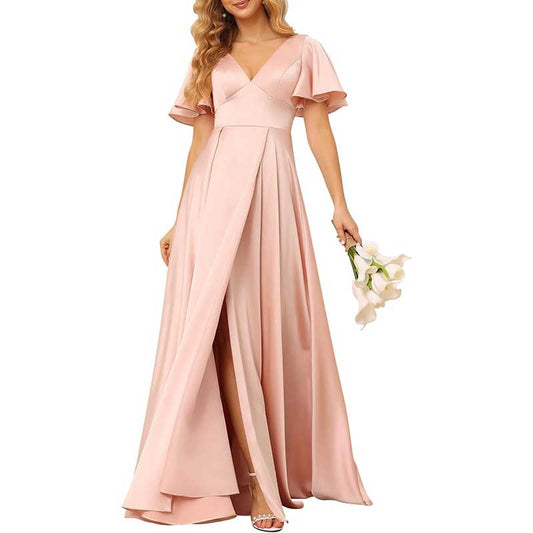 Satin Bridesmaid Dresses Ruffle Sleeves A-Line Long Evening Gowns